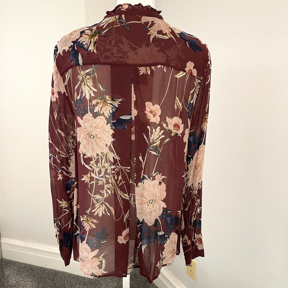 Lucky Brand Top Womens Large Floral Button Front Semi Sheer Ruffle Trim Blouse - Picture 4 of 10